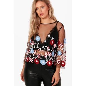 Black Mesh Floral Detail Boohoo Top